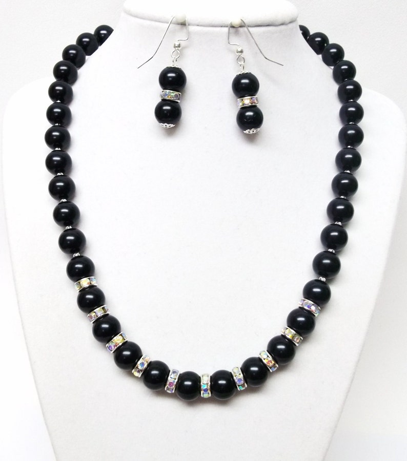 Black Glass Pearl w/Rondelle Crystal Rhinestones Bead Necklace/Earrings Set image 1