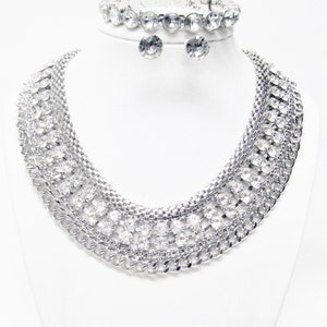 Rhinestone Crystal Necklace, Bracelet & Earrings Set: Silver Plated Princess Jewelry