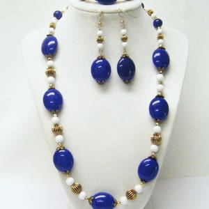 Blue Oval Acrylic w/White & Bronze Bead Necklace/Bracelet/Earrings Set