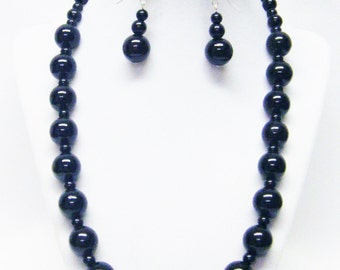 Black Round Glass Beaded Necklace/Bracelet/Earrings Set