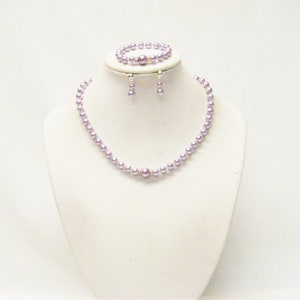 14.5” Lavender Glass Pearl Necklace/Bracelet/Earrings Set for Little Girl
