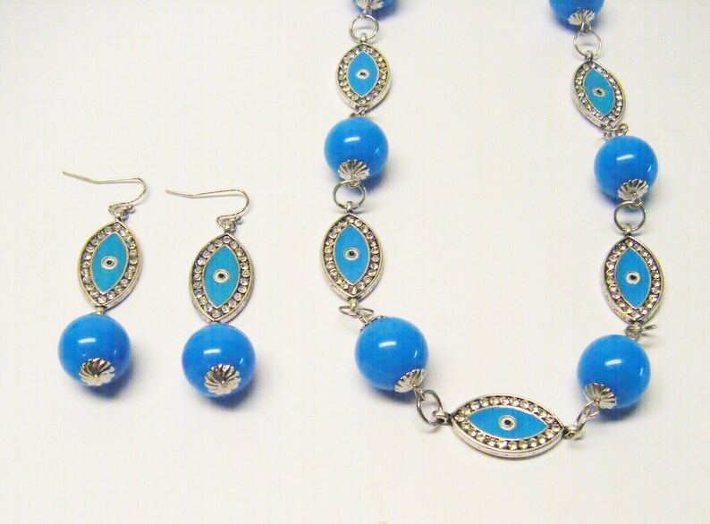 Blue Evil Eye wRhinestone /& Round Blue Acrylic Bead NecklaceEarrings