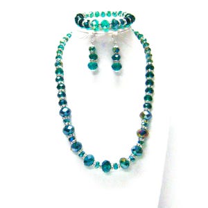Assorted Size Emerald Green Faceted Glass w/Rondelle Rhinestone Bead Choker Necklace/Bracelet/Earrings