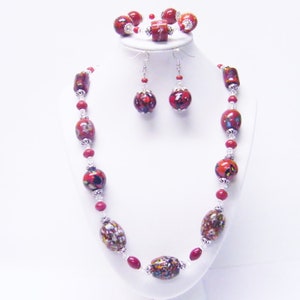 Chunky Assorted Dark Red Splatter Glass Bead Necklace/Bracelet/Earrings