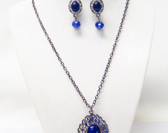 Oval Gum Metal/Blue Stone Hanger Ketting & Oorbellen set