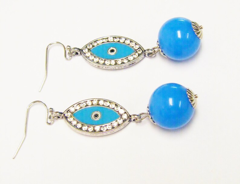 Blue Evil Eye wRhinestone /& Round Blue Acrylic Bead NecklaceEarrings