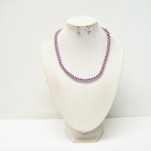 Dark Lilac Glass Pearl Necklace/Earrings Set for Child