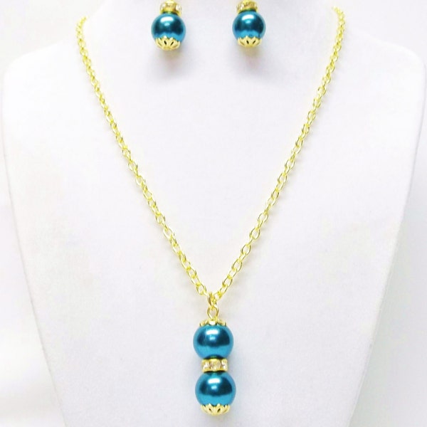 Dark Teal Green Glass Pearl Drop w/Gold Rondelle Rhinestone Pendant Necklace and Earrings Set