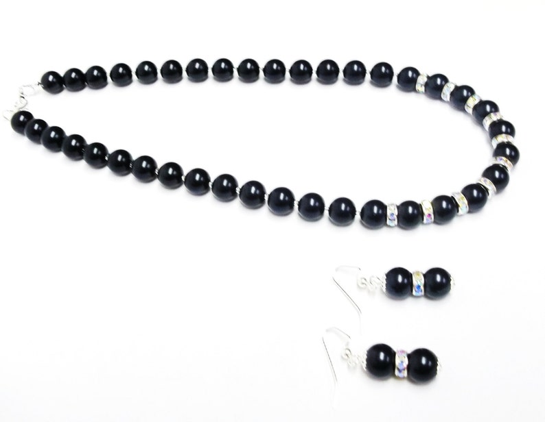 Black Glass Pearl w/Rondelle Crystal Rhinestones Bead Necklace/Earrings Set image 5