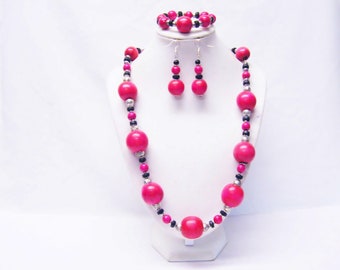 Round Fuchsia/Hot Pink Wood Bead Necklace/Bracelet/Earrings Set