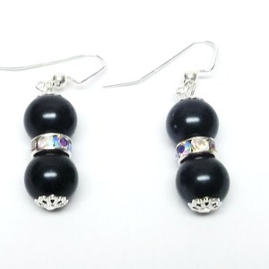 Black Glass Pearl w/Rondelle Crystal Rhinestones Bead Necklace/Earrings Set image 4