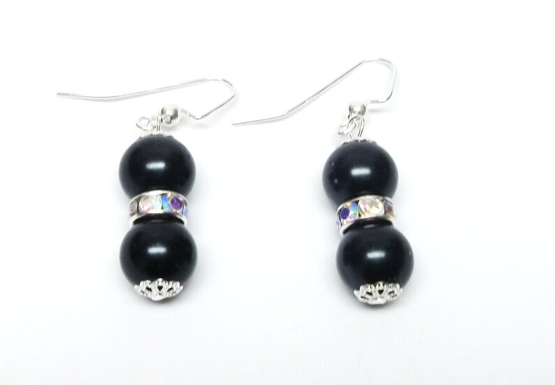 Black Glass Pearl w/Rondelle Crystal Rhinestones Bead Necklace/Earrings Set image 4