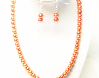 Coral Glass Pearl Necklace/Earrings Set