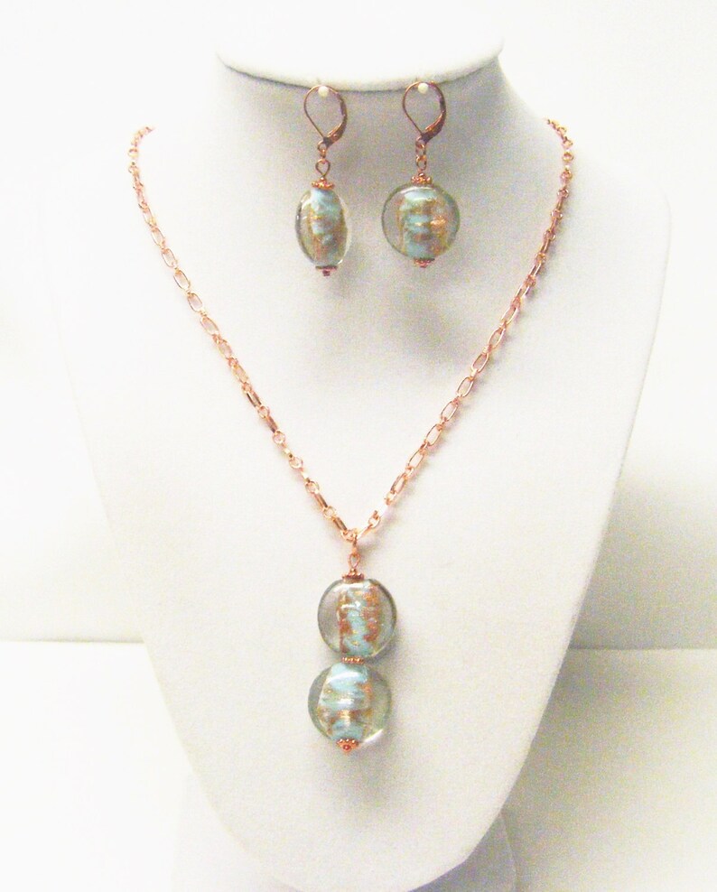 White Gold Foil-lined Blue Bead Pendant Necklace /& Earrings Set
