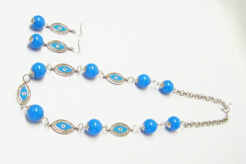 Blue Evil Eye wRhinestone /& Round Blue Acrylic Bead NecklaceEarrings