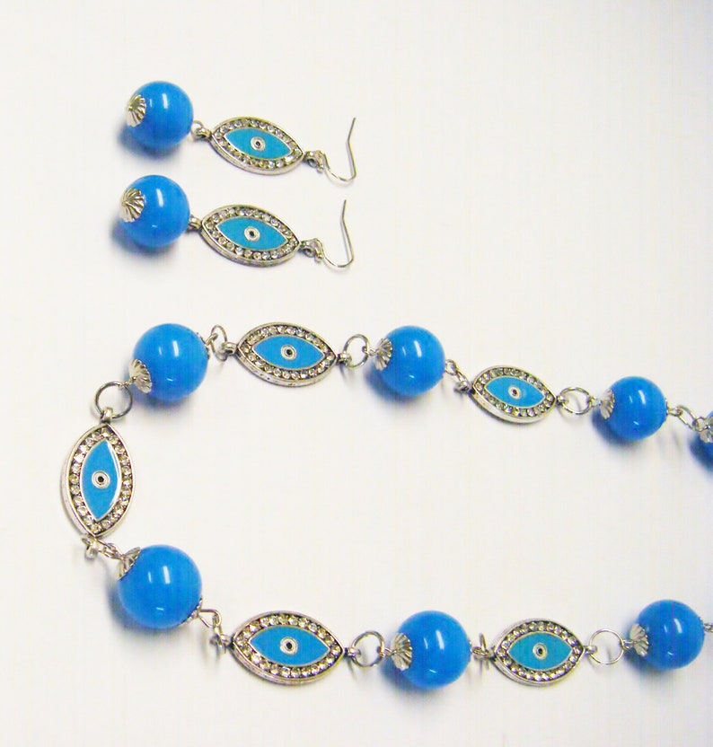 Blue Evil Eye wRhinestone /& Round Blue Acrylic Bead NecklaceEarrings