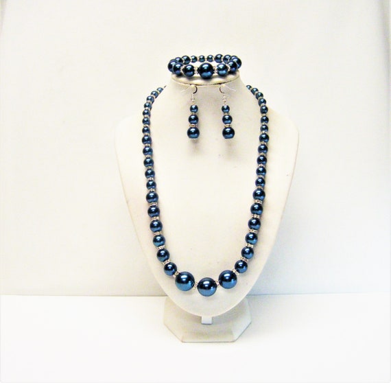 Assorted Sizes Blue Teal Tone Glass Pearl Necklace bracelet earrings Set Etsy