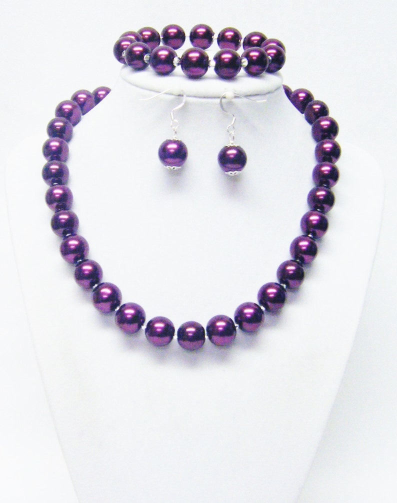 12mm Burgundy Glass Pearl wCrystal Seed Bead Choker NecklaceBracelet /& Earrings Set