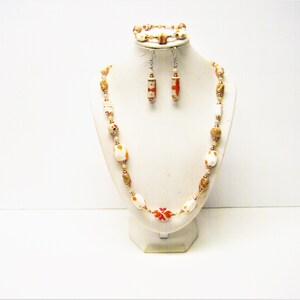 Assorted Cream/Tan Splatter Glass w/Rose Gold/Silver Bead Necklace/Bracelet/Earrings