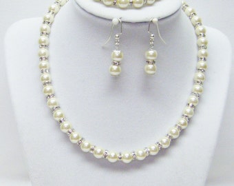 8mm Alabaster Glass Pearl w/Rondelle Rhinestone Necklace/Bracelet/Earrings Set