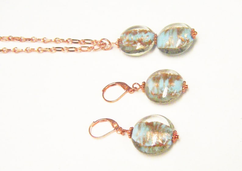 White Gold Foil-lined Blue Bead Pendant Necklace /& Earrings Set
