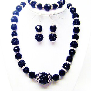 Black Shamballa Disco Ball w/Crystal/Jet Glass Beads Necklace/Bracelet/Earrings Set