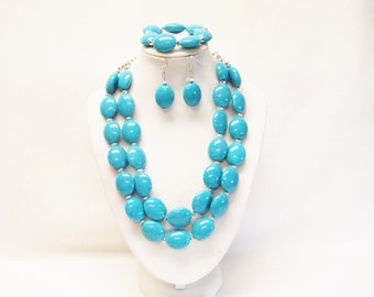 Two Strands Oval Turquoise Splatter Acrylic Statement Necklace/Bracelet/Earrings Set