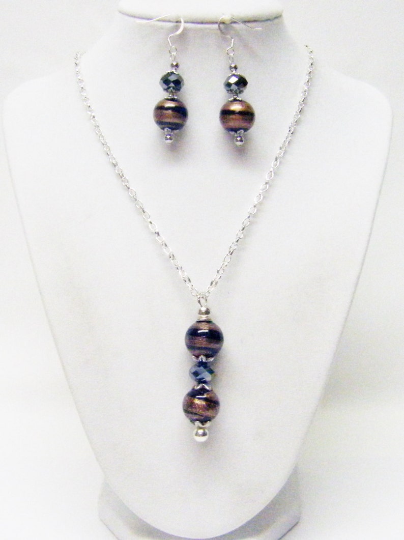 Round Brown wBlack Swirl Glass Bead Pendant Necklace Earrings Set