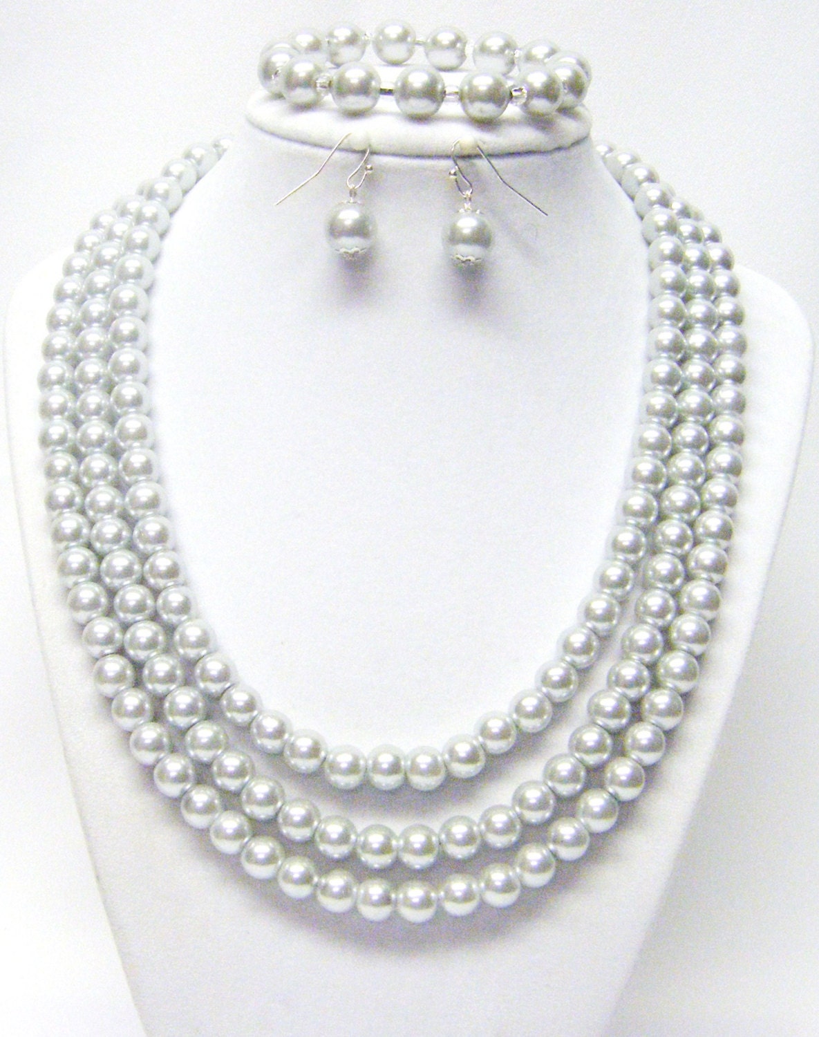 3 Strand Light Silver Glass Pearl Necklace/bracelet/earrings