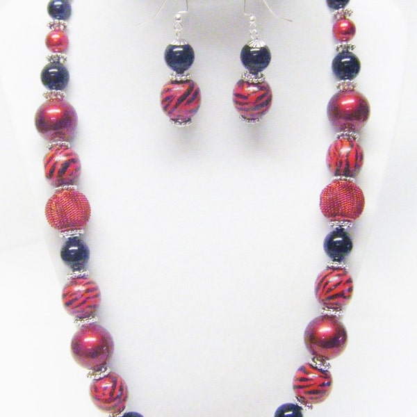 Red w/Black Zebra Stripe Wood Bead Necklace & Earrings Set