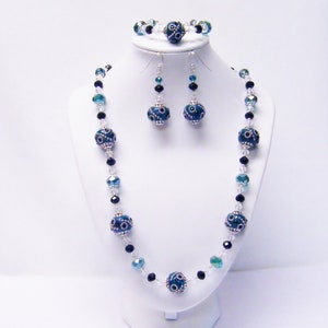 Chunky Green Cloisonné /Glass Bead Necklace/Bracelet/Earrings Set