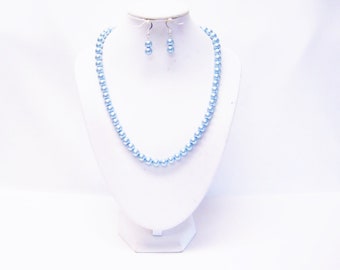 8mm Light Blue Glass Pearl Necklace/Earrings