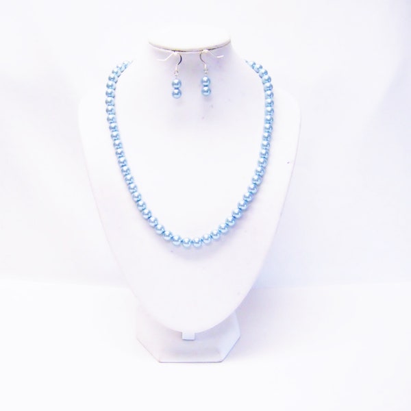 8mm Light Blue Glass Pearl Necklace/Earrings