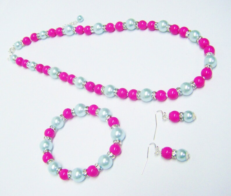 Pink Opaque /& Aqua Glass wRondelle Rhinestone Bead NecklaceBracelet Earrings Set