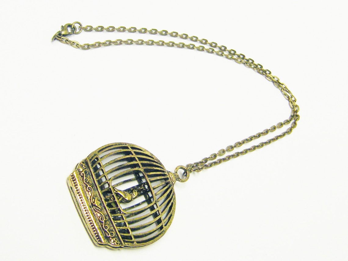 Antique Gold Plated Bird Cage W/bird Pendant Necklace Etsy