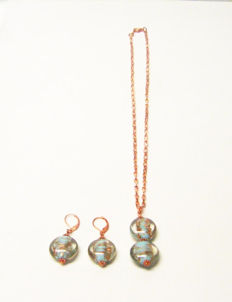 White Gold Foil-lined Blue Bead Pendant Necklace /& Earrings Set