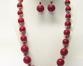 Large Round Dark Red Acrylic Bead Necklace & Earrings Set
