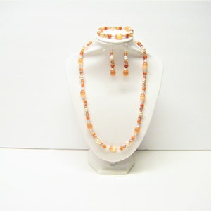 Orange Oval Glass Cat&#39;s Eye Glass w/Peach Potato Freshwater Pearl Necklace/Bracelet/Earrings