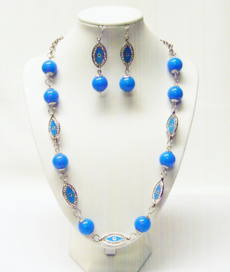 Blue Evil Eye wRhinestone /& Round Blue Acrylic Bead NecklaceEarrings
