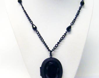 Matte Black Oval Cabochon Treasure Locket Pendant Necklace