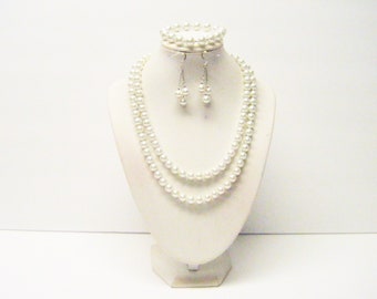 Double Strand 8mm White Glass Pearl Necklace/Bracelet/Earrings Set