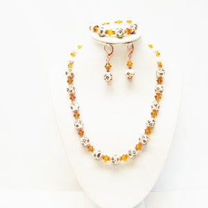White Flowery Ceramic Bead w/Rose Gold Findings Necklace/Bracelet/Earrings Set