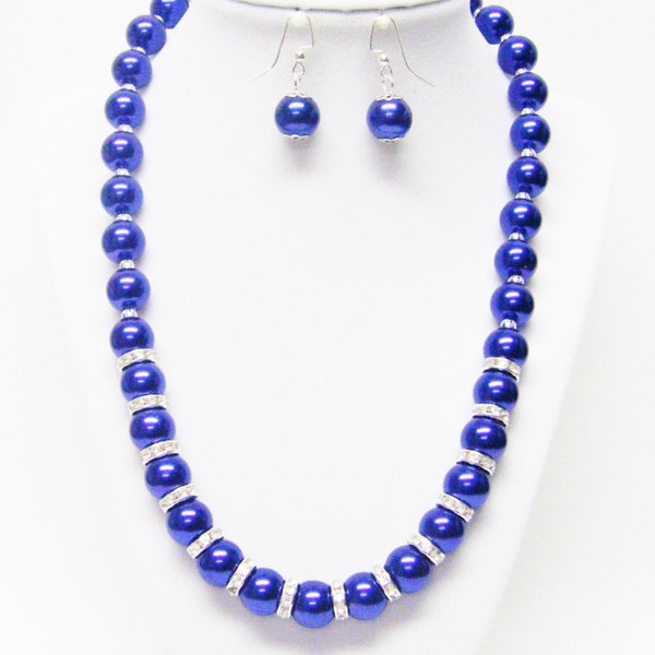 12mm Dark Lapis Glass Pearl w/Rondelle Rhinestone Necklace/Bracelet/Earrings Set