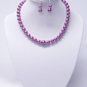 14.5” Purple Glass Pearl Necklace/Bracelet/Earrings Set for Young Girl