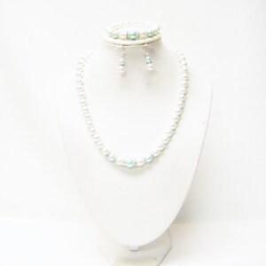 8mm White Glass w/Aqua Glass Pearl Choker Necklace/Bracelet/Earrings