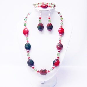 Red Marble Puffy Oval Acrylic Bead w/Rhinestone Necklace/Bracelet/Earrings Set