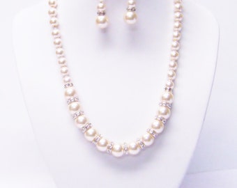 Soft Pink Glass Pearl in Mixed Sizes w/Rondelle Rhinestone Necklace/Bracelet/Earrings Set