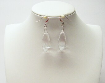 Slim Acrylic Clear Faceted Teardrop Dangle Earrings