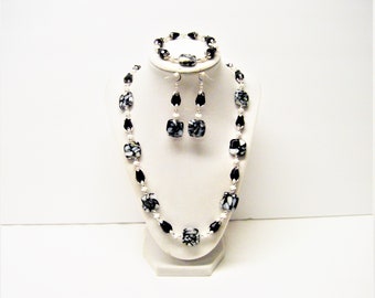 Square Black/Gray Splatter w/Jet Faceted Teardrop Glass Bead Necklace/Bracelet/Earrings