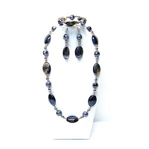 Blue/Black Swirl Twist Glass Bead Necklace/Bracelet/Earrings Set